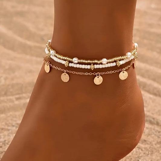 Strandzauber 3-teiliges geschichtetes Fußkettchen-Set | Gold