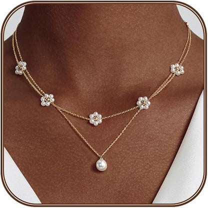 Floral Pearl Layered Necklace | Gold