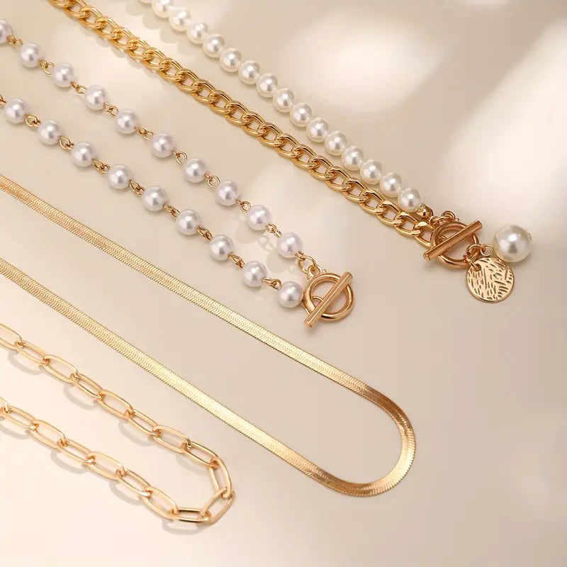 Vintage Perlen- & Goldschlangenkette Set | Gold