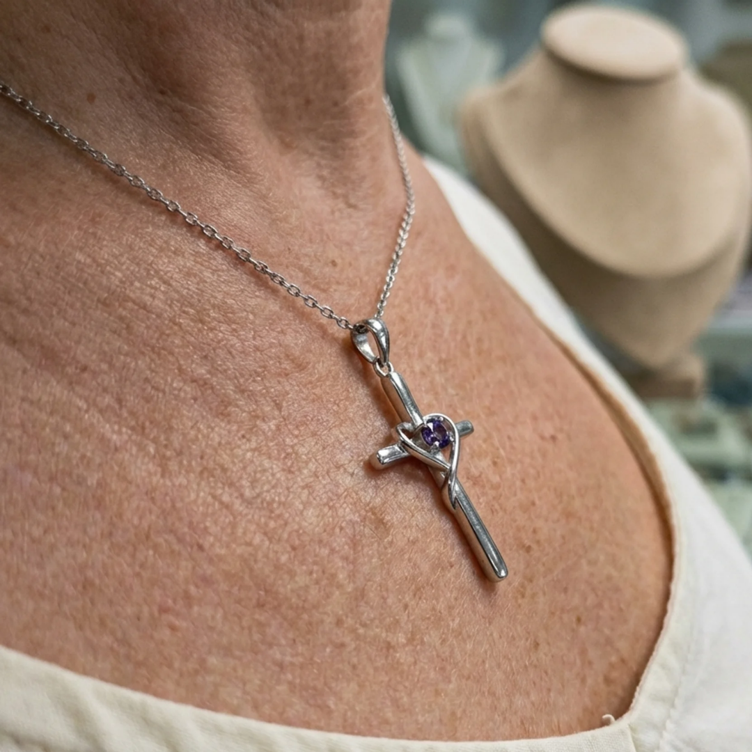Amethyst Center Cross Necklace | White Gold