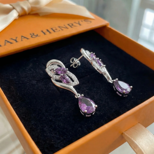 Amethyst Glimmer Drop Earrings | White Gold
