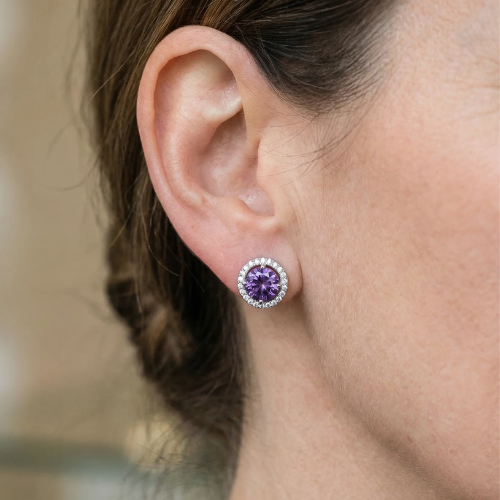 Amethyst Round Pave Studs | White Gold