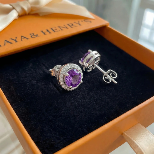 Amethyst Round Pave Studs | White Gold