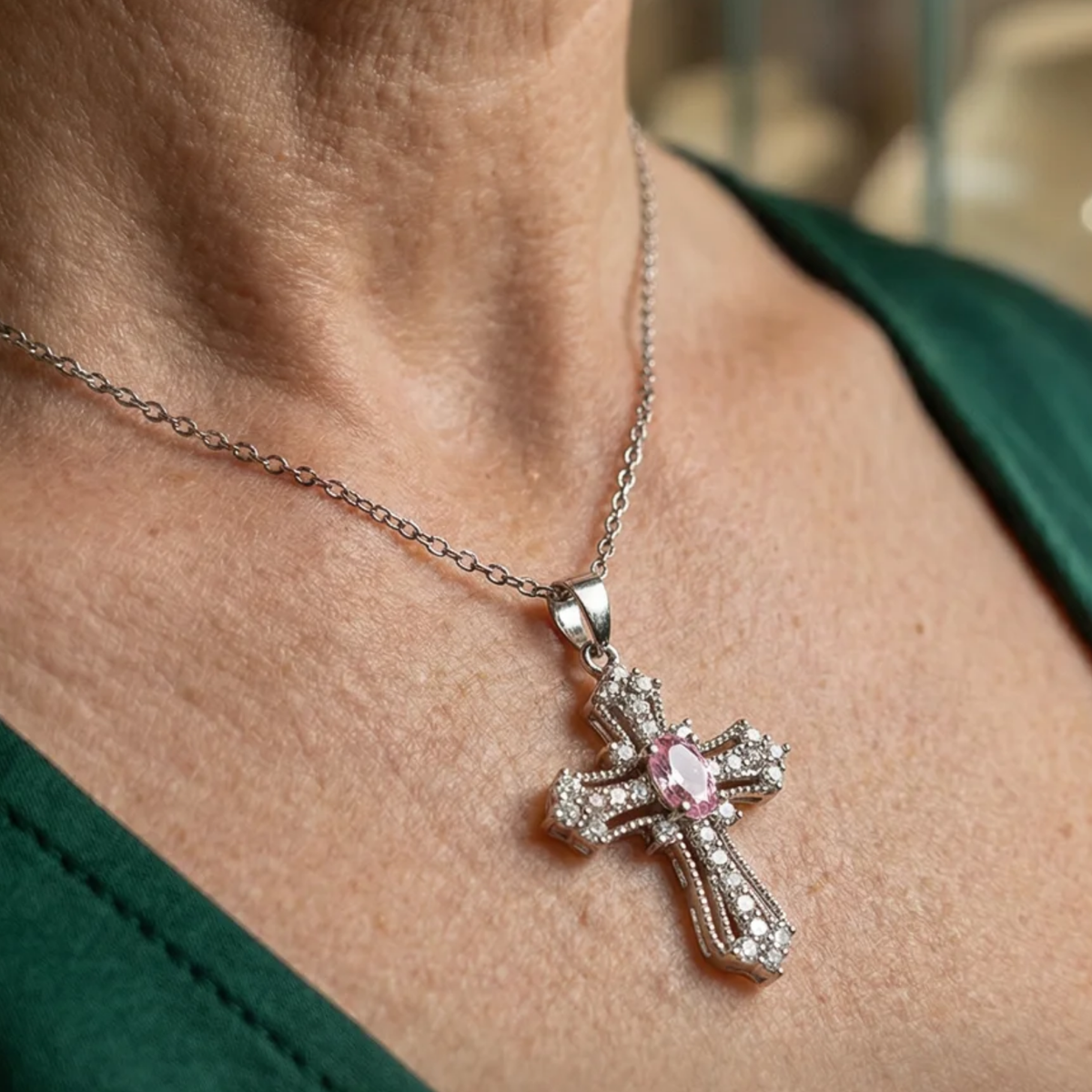 Halskette mit rosa Kreuz „Celestial“ | Weißgold