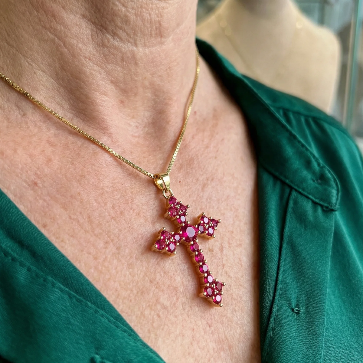 Pink Cluster Cross Necklace | Gold