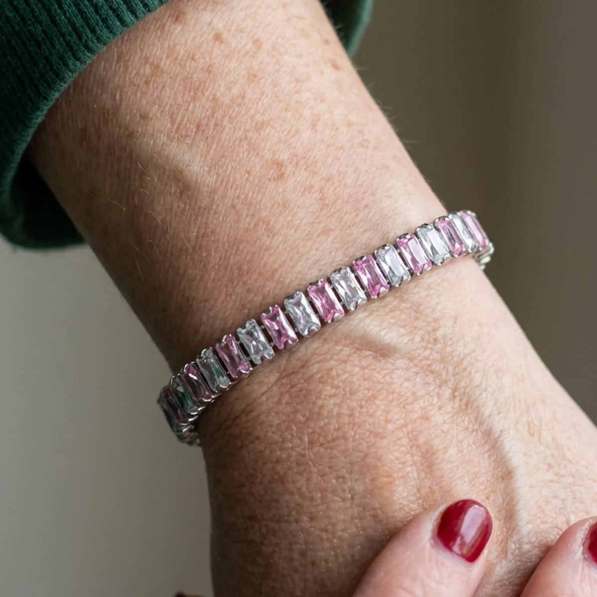 Tennisarmband mit rosa Streifen | Weißgold