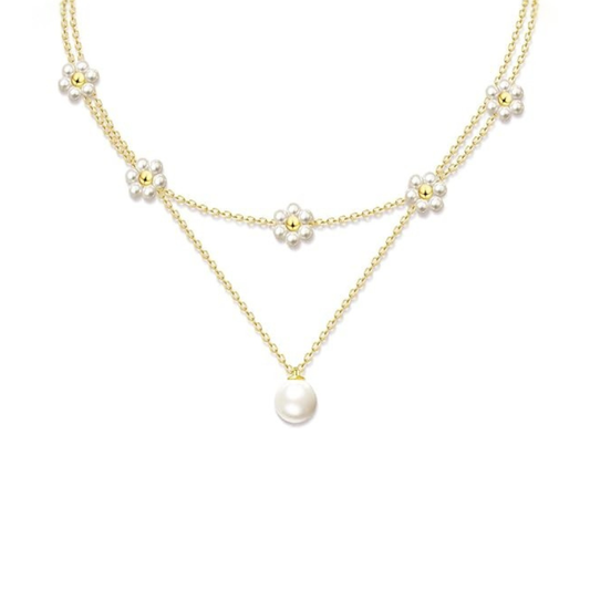 Mehrlagige Perlenkette mit Blumen-Anhänger | Gold