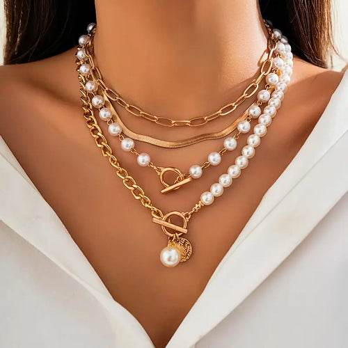 Vintage Perlen- & Goldschlangenkette Set | Gold