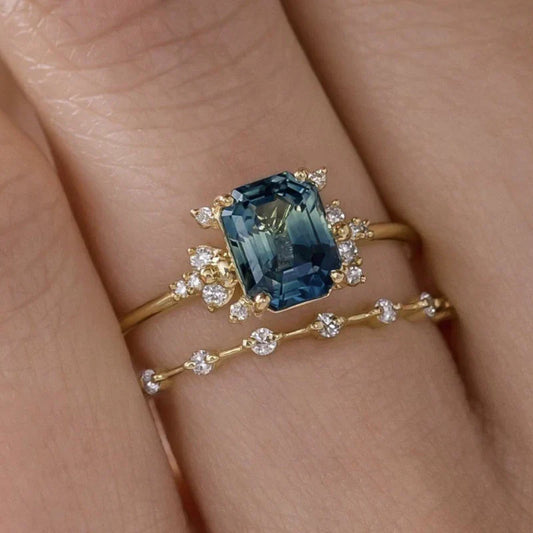 Crystal Blue Shine Ring-Set | Gold